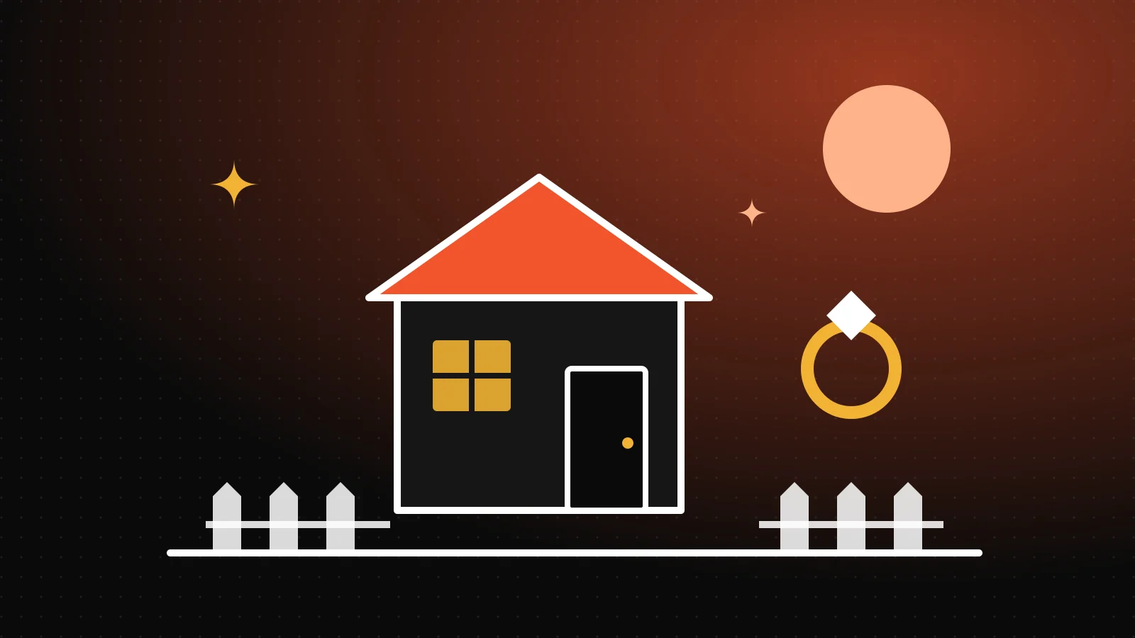 Casa simples do interior com cerca branca, lua cheia e uma aliança de brilhante