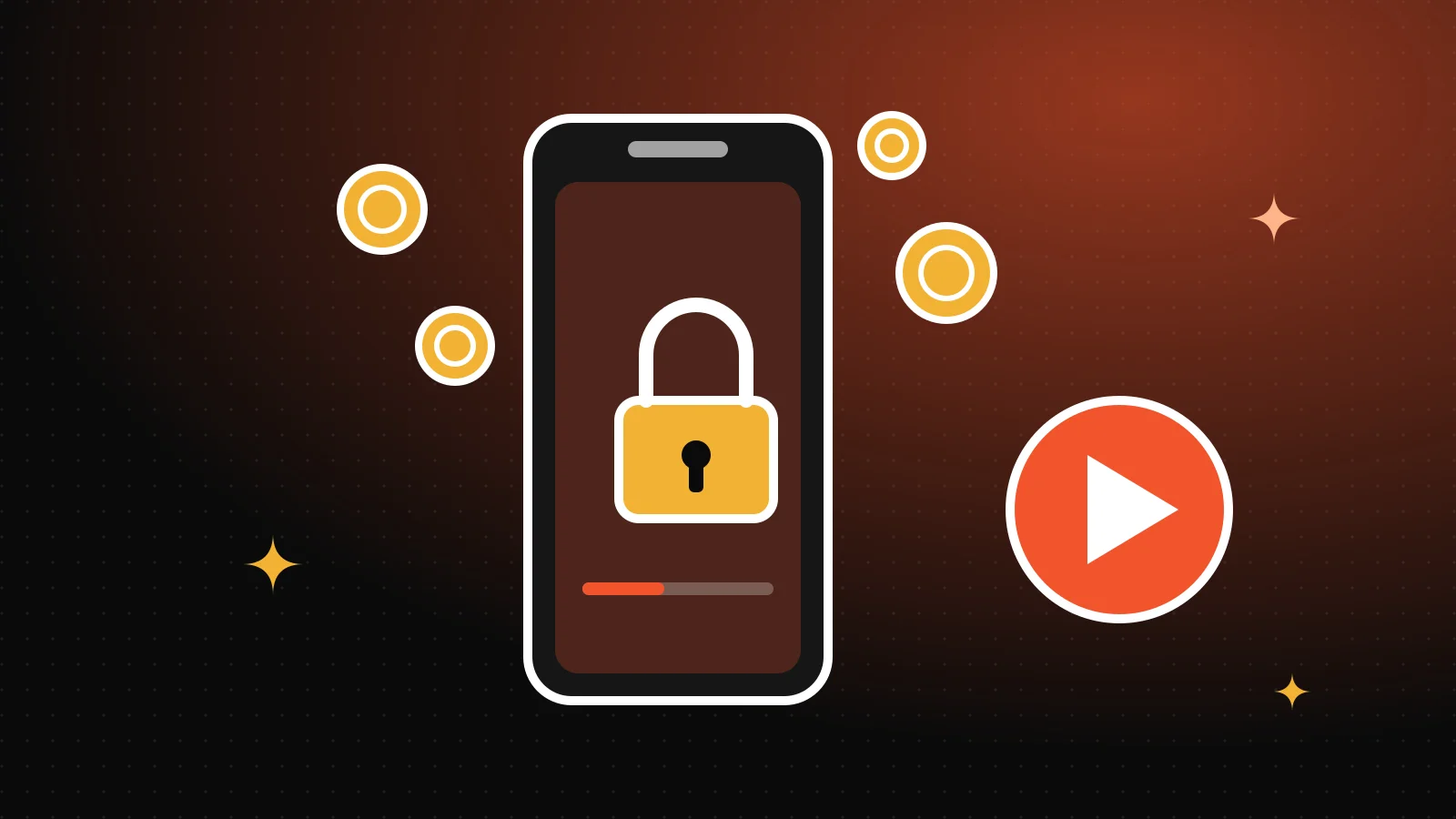 Um celular em pé com um cadeado na tela, moedas douradas caindo sobre ele e um botão de play laranja ao lado