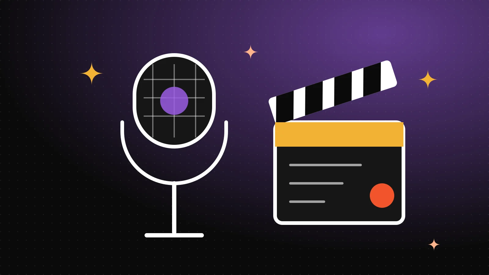 Microfone de palco ao lado de uma claquete de cinema, com estrelinhas em volta