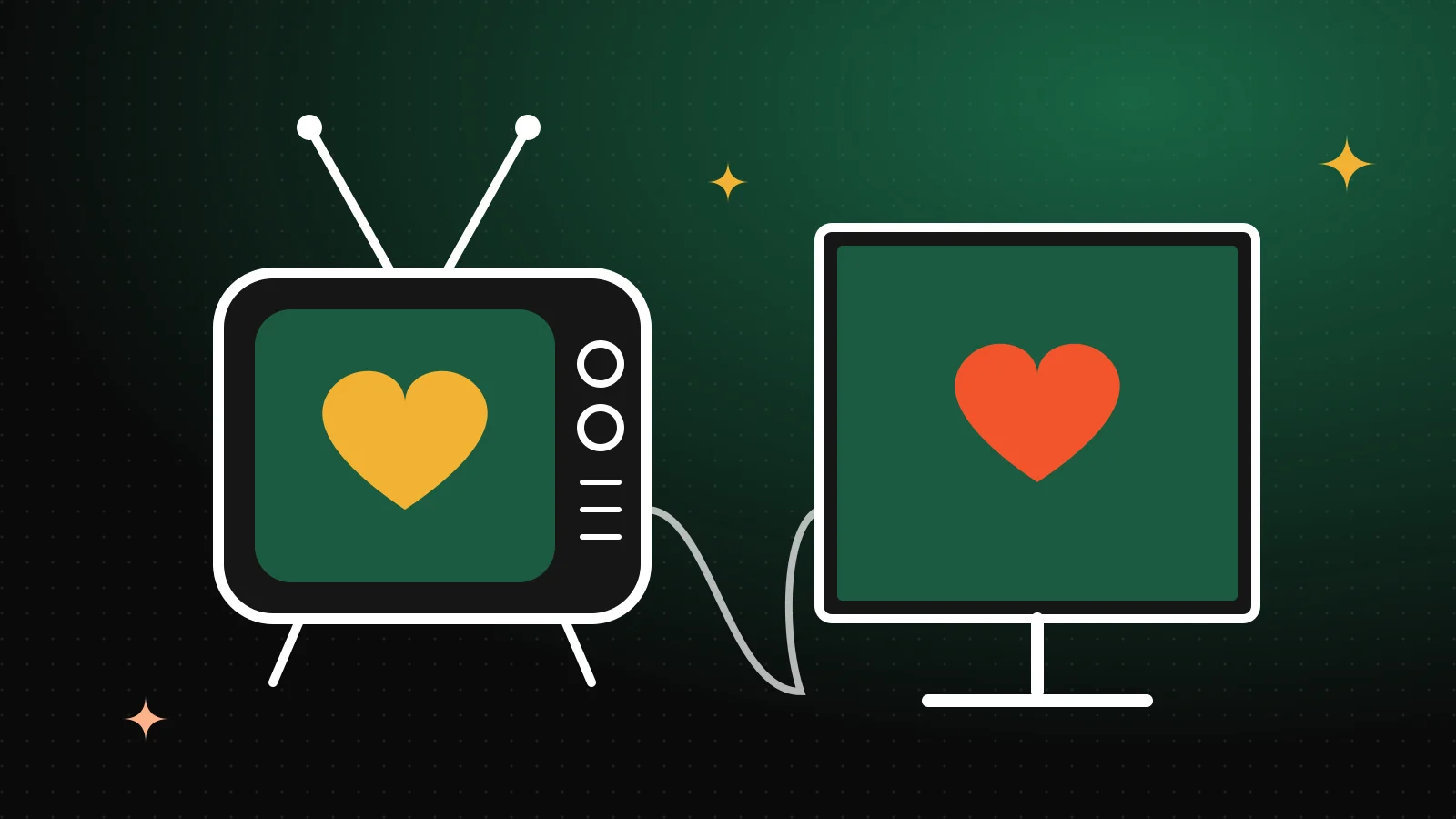 Duas televisões lado a lado, uma antiga com antena e um coração, outra fina com um coração, ligadas por um fio