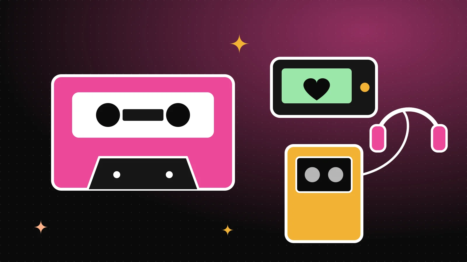 Uma fita cassete rosa, um pager com um coração na tela e um walkman com fones de ouvido, sobre um fundo pontilhado