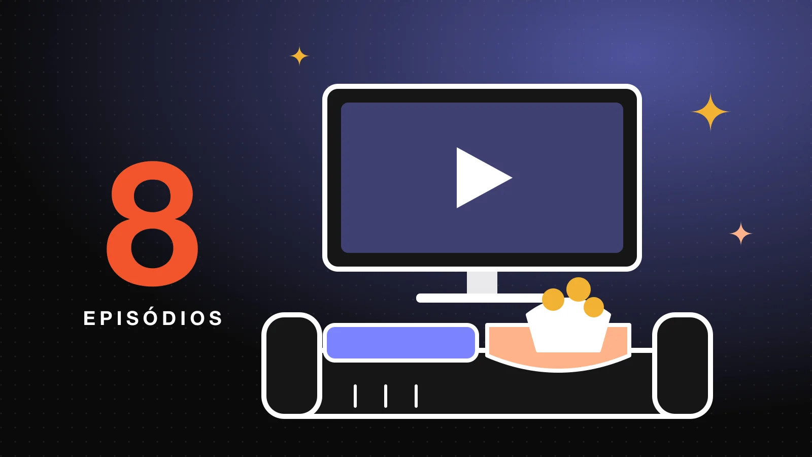Um grande número 8 em laranja ao lado de um sofá com uma manta, uma tigela de pipoca e uma televisão ligada