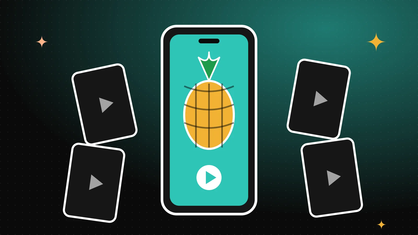 Um celular com uma pinha estilizada na tela e um botão de play, cercado por pequenos cartões de episódio empilhados