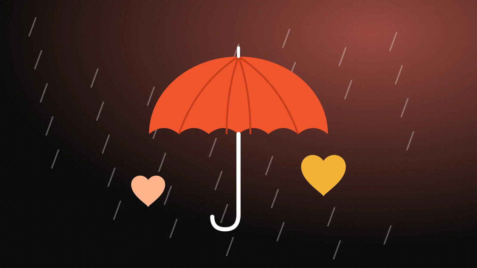 Guarda-chuva laranja na chuva com dois corações