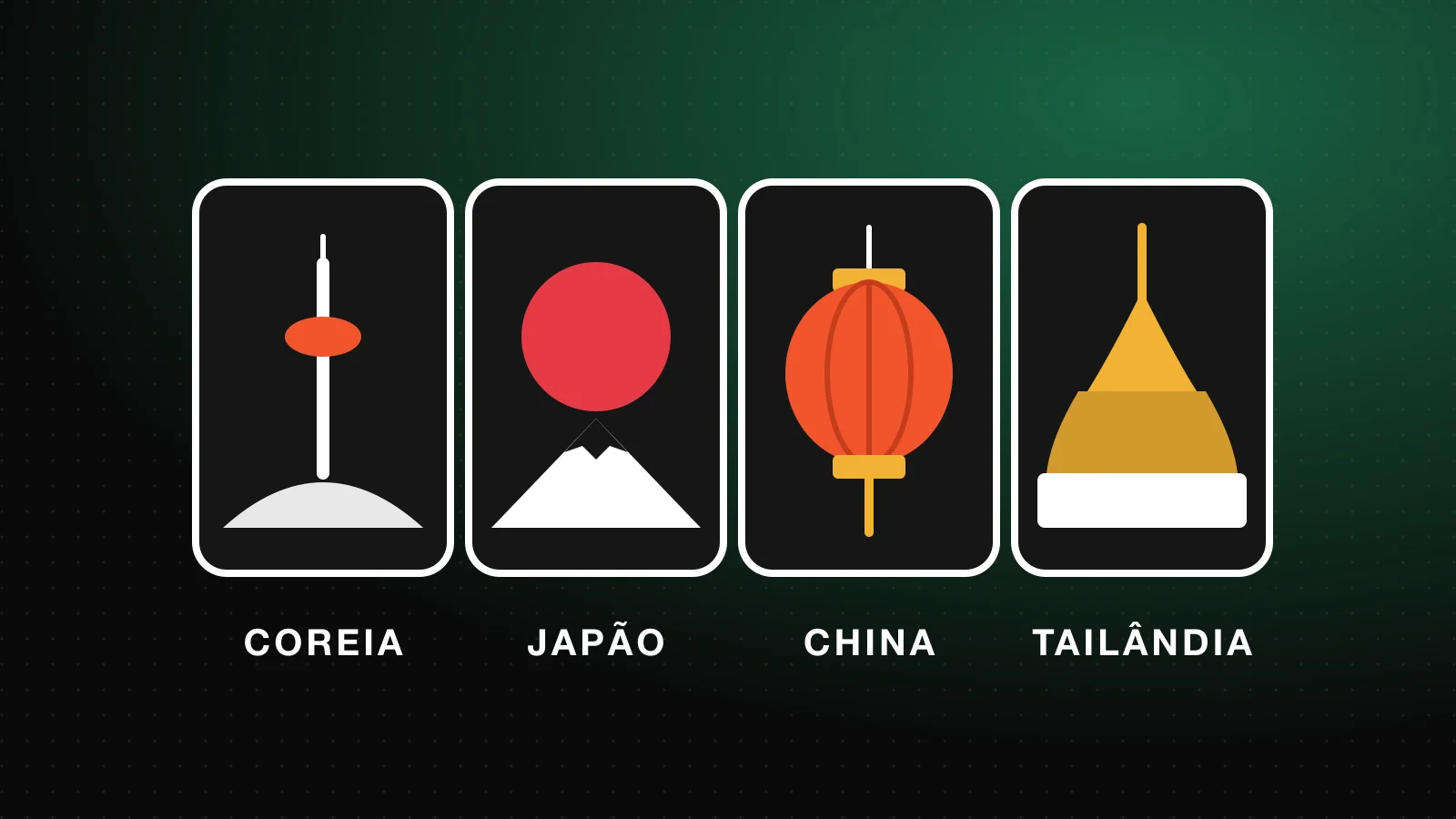 Quatro cartões com símbolos da Coreia, do Japão, da China e da Tailândia