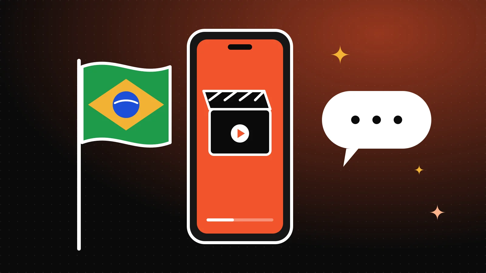 Celular em pé com uma claquete na tela, uma bandeira verde e amarela tremulando ao lado e um balão de fala vazio