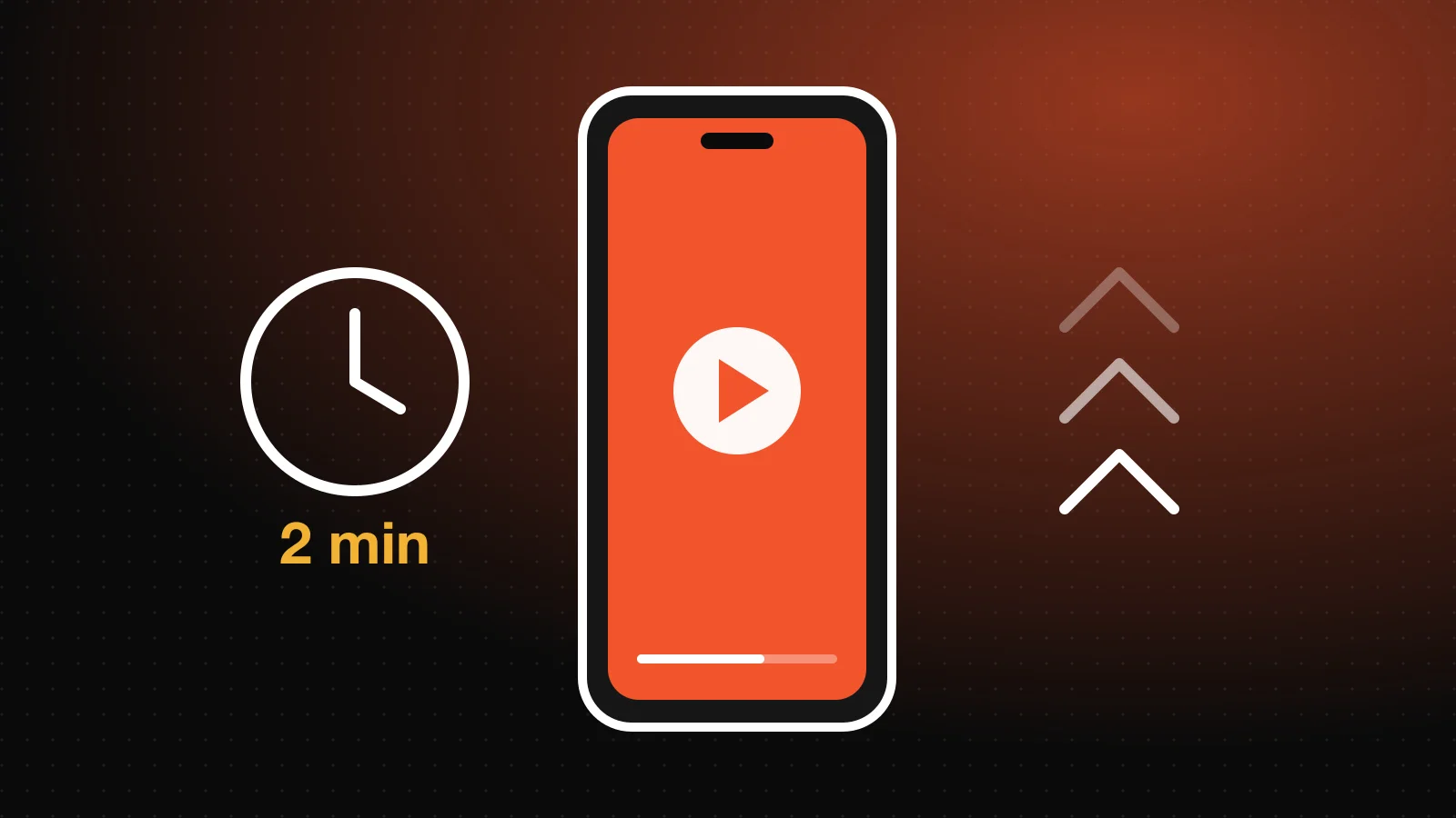 Celular na vertical com um vídeo, um relógio marcando 2 minutos e setas de deslizar